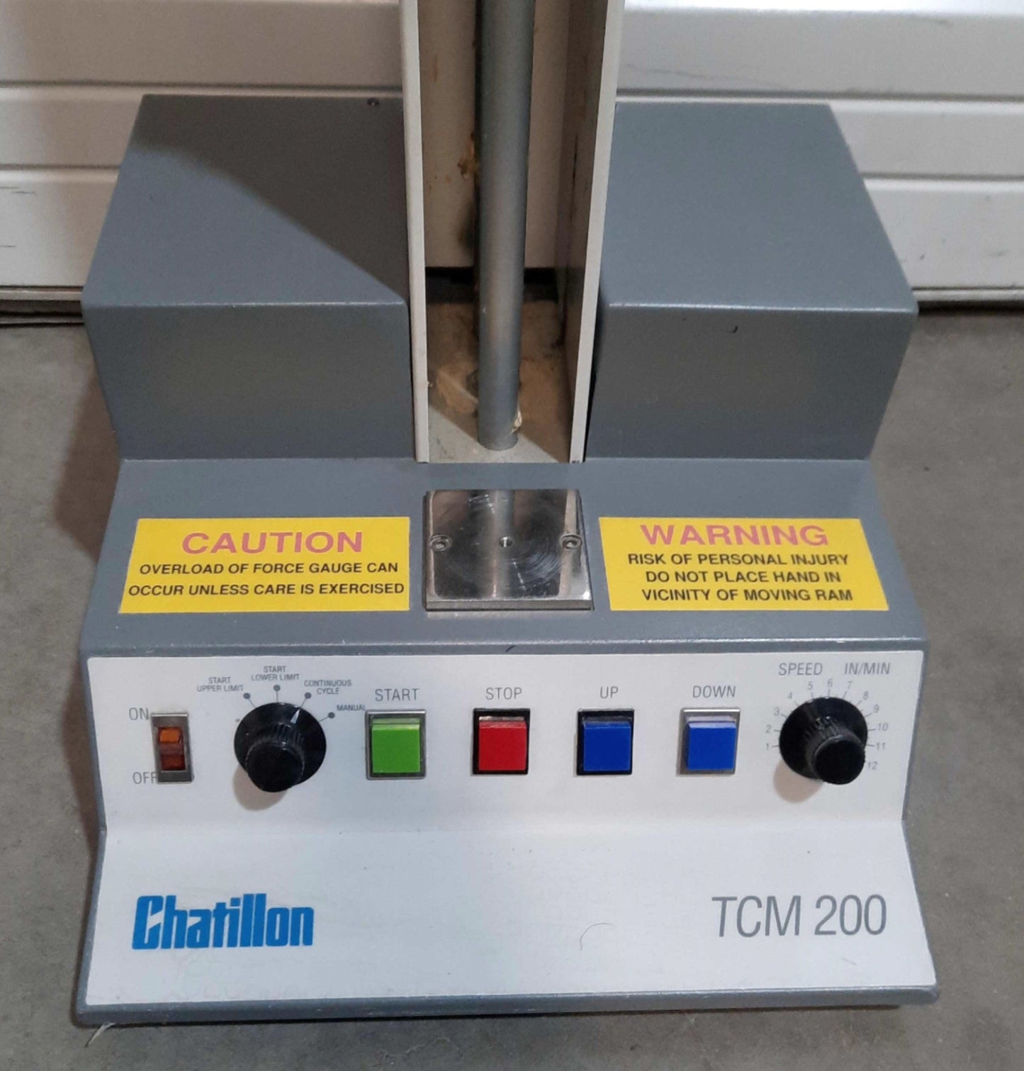 Used Chatillon TCM200 Motorized Test Stand 18" Travel 225lbf Adjustable Limits 120VAC