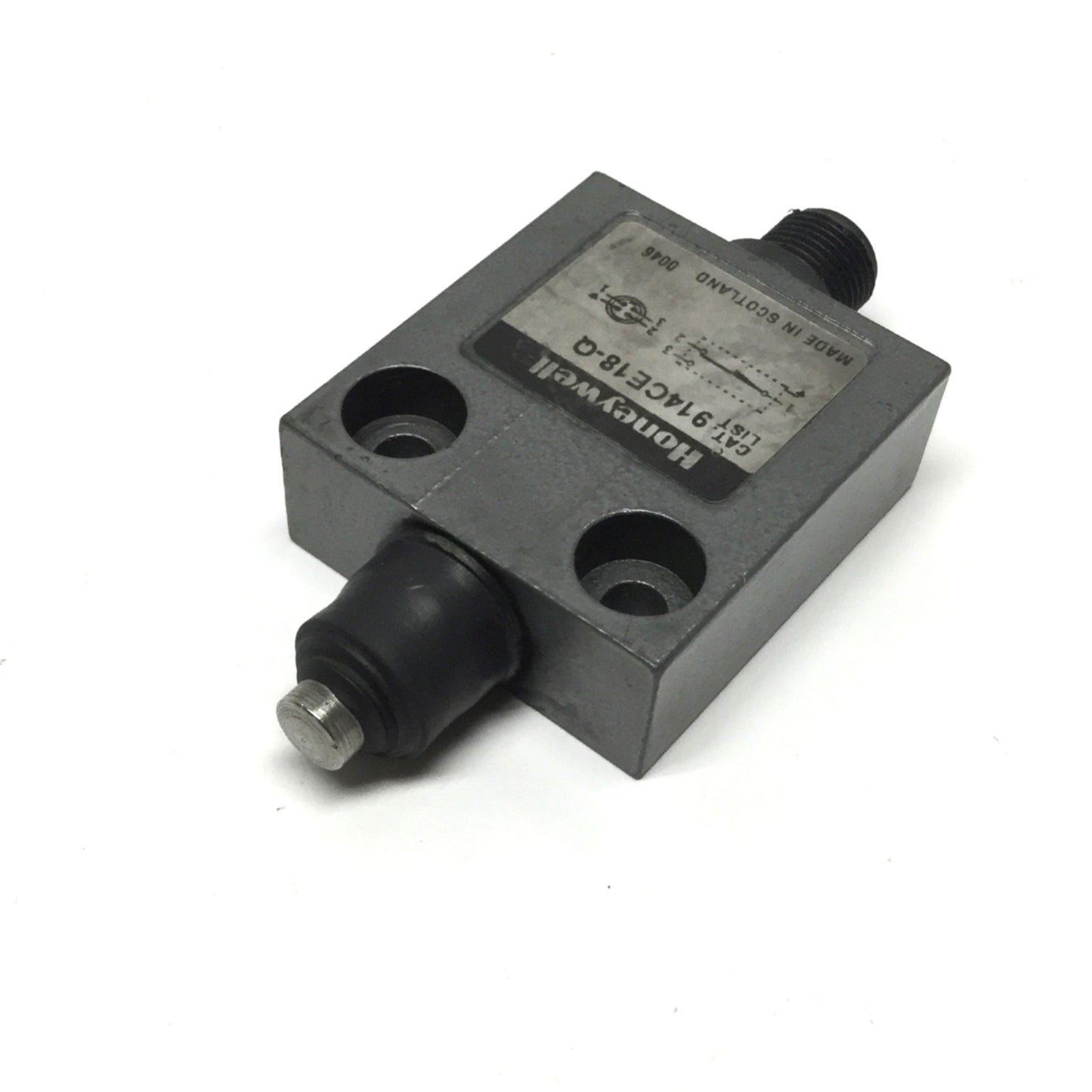 Used Honeywell 914CE18-Q Micro Limit Switch, Top Pin Plunger, SPDT 3A 250V, M12 4-Pin