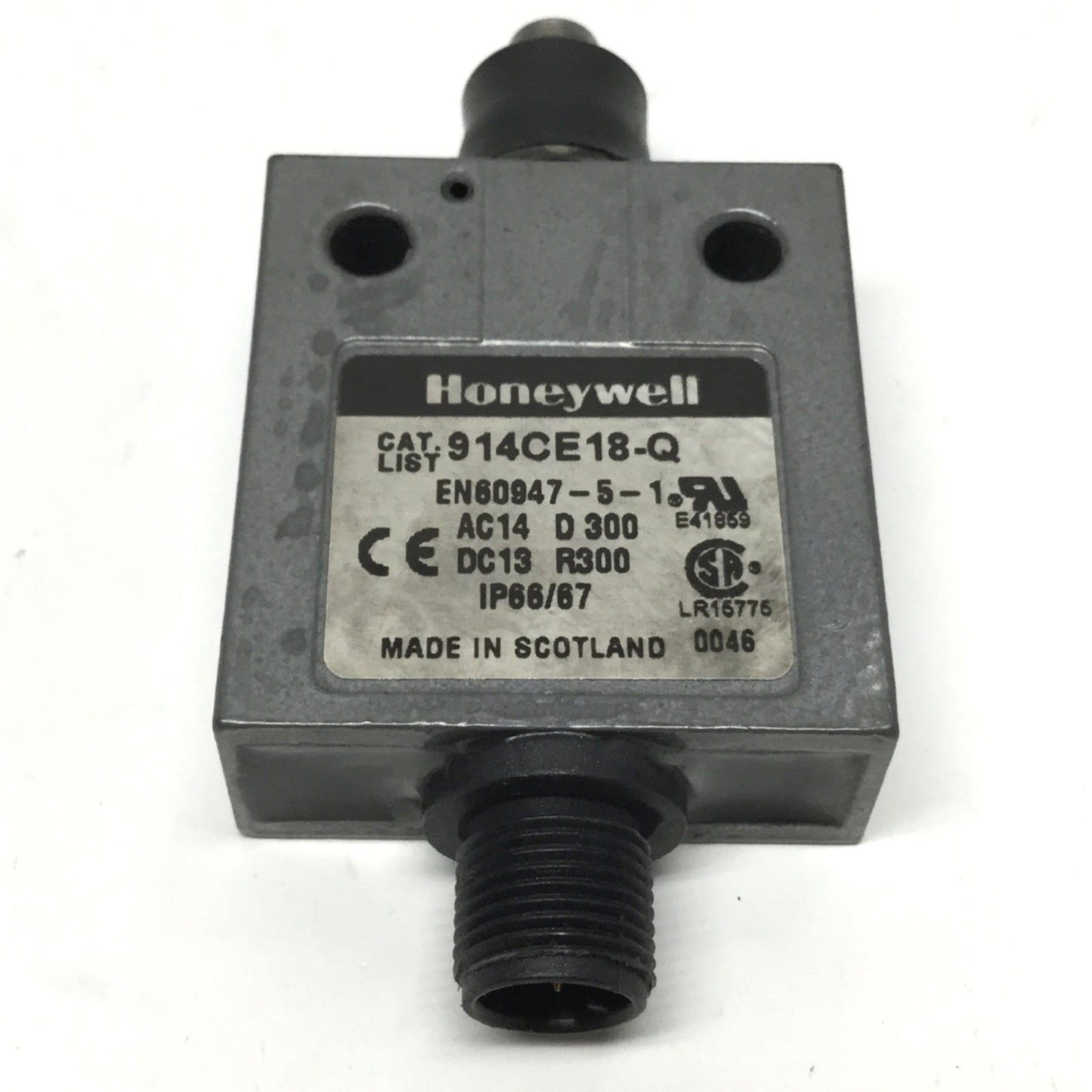 Used Honeywell 914CE18-Q Micro Limit Switch, Top Pin Plunger, SPDT 3A 250V, M12 4-Pin