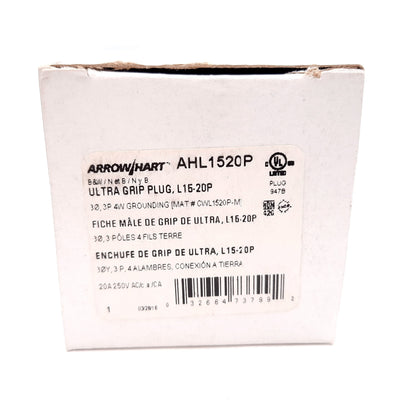 New Eaton Arrow Hart AHL1520P Ultra Grip Plug, 3-Pole 4-Wire, 20A 250VAC, L15-20P