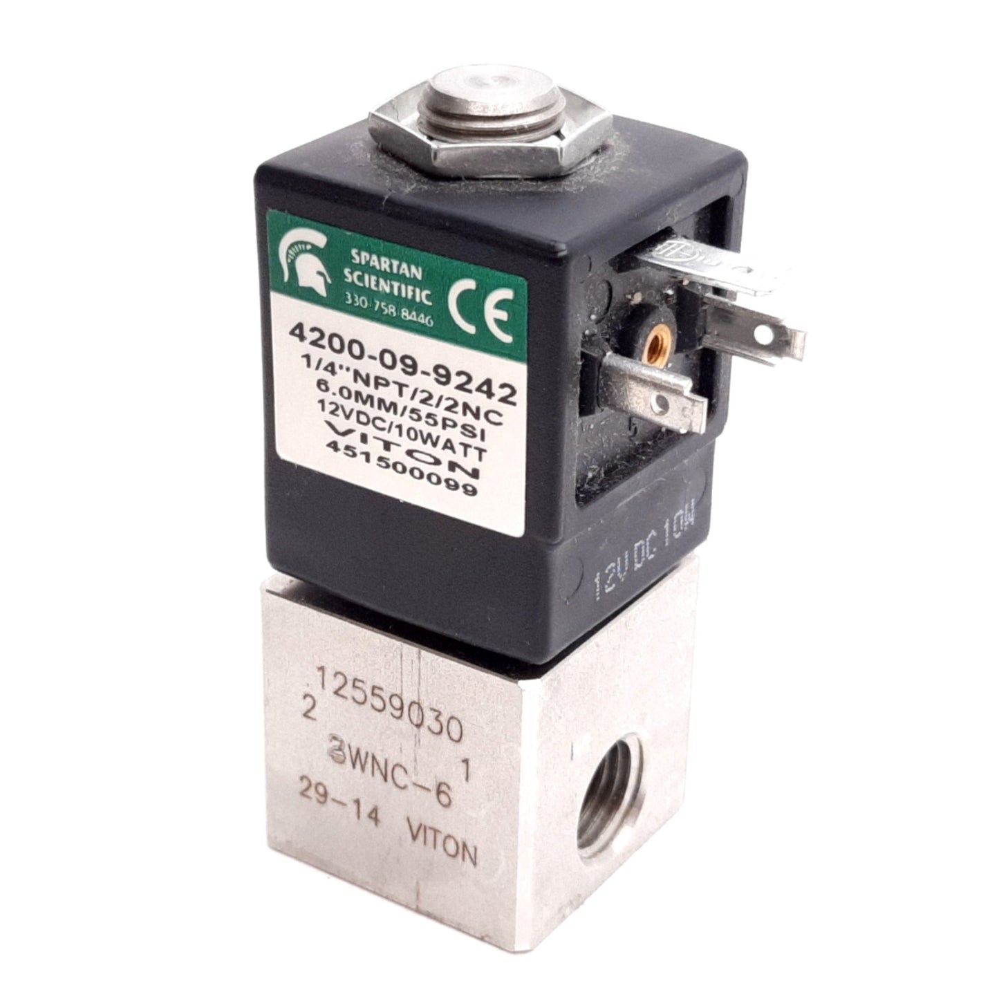 Used Spartan 4200-09-9242 Solenoid Valve, 2-Way N/C, 12VDC, 55psi, 1/4" NPT