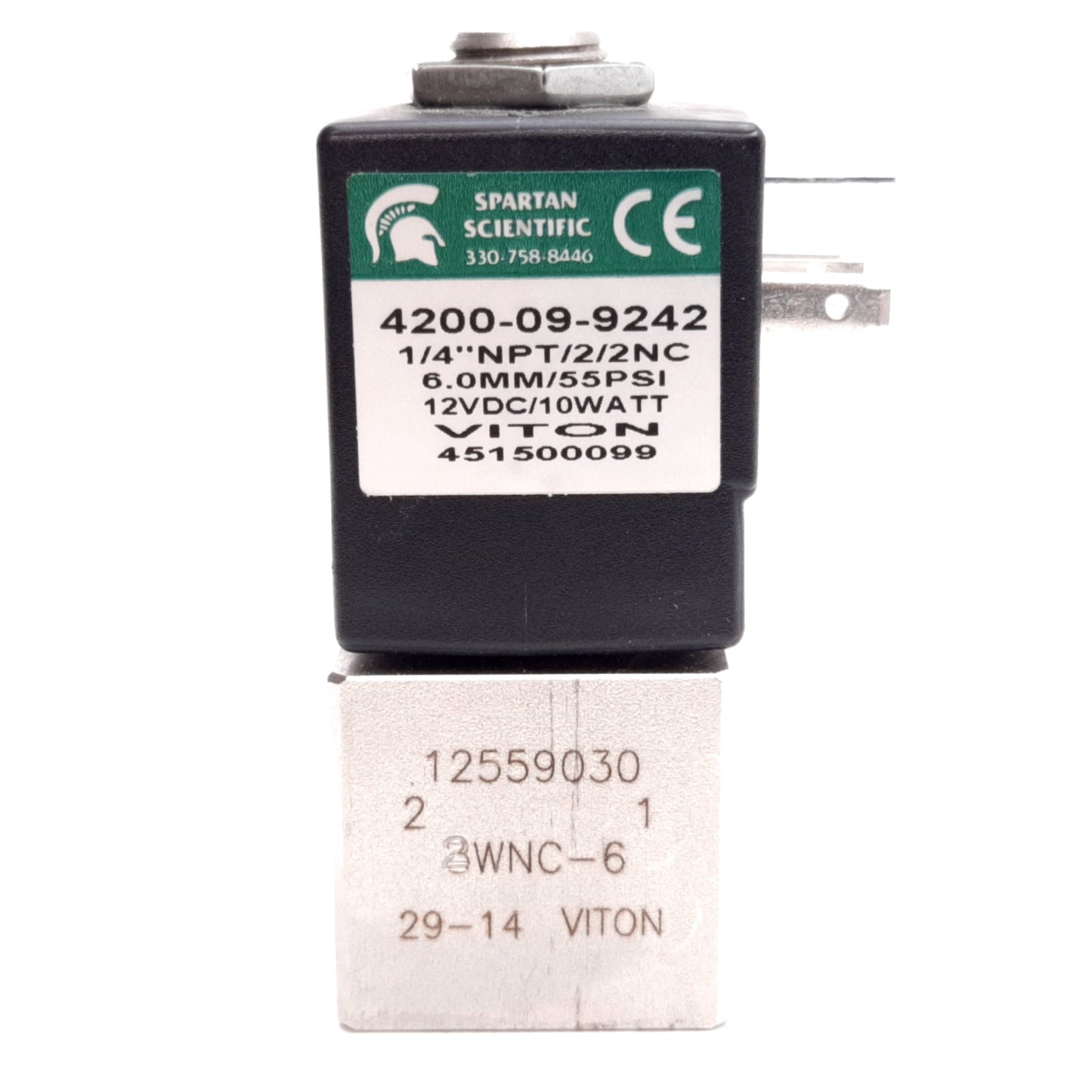 Used Spartan 4200-09-9242 Solenoid Valve, 2-Way N/C, 12VDC, 55psi, 1/4" NPT