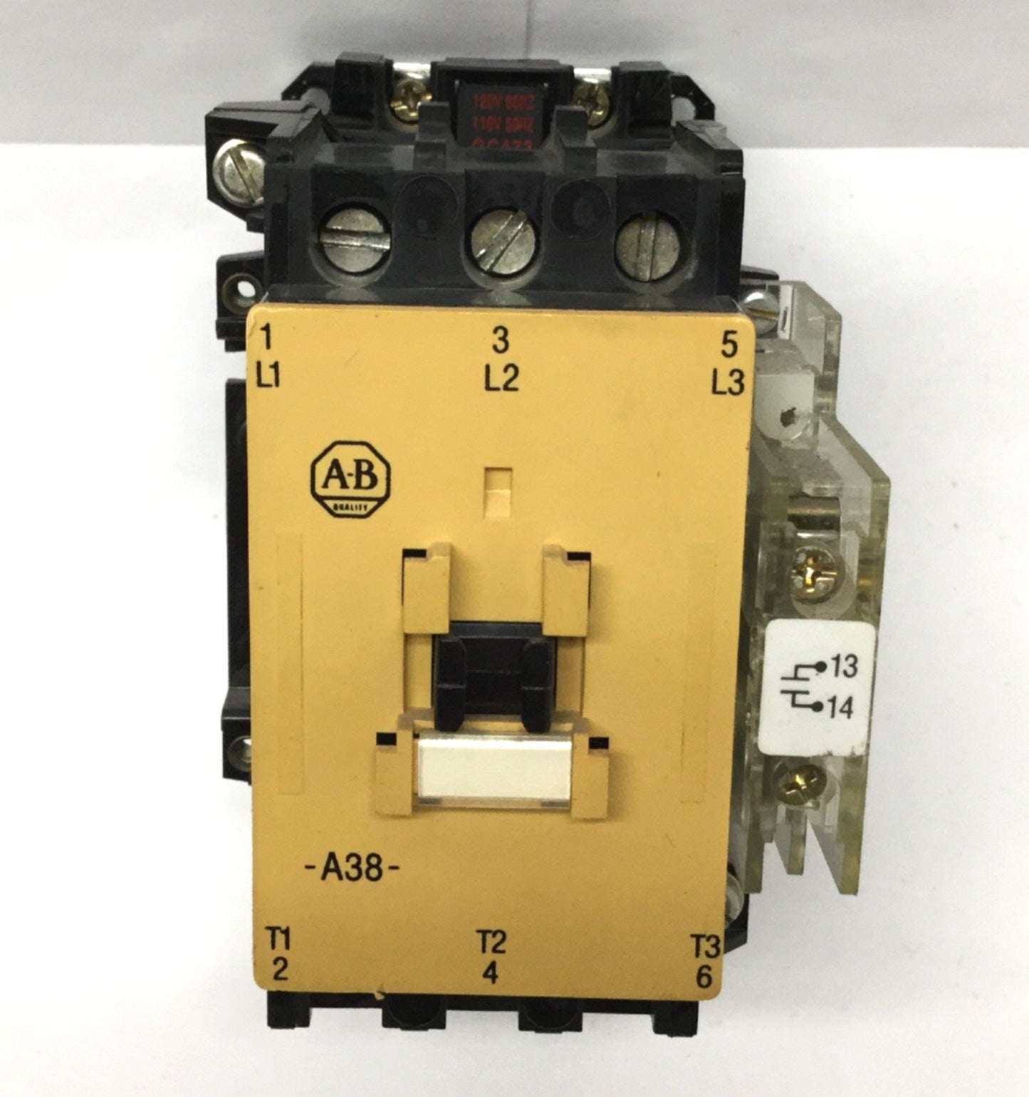 Used Allen Bradley 100-A38ND3 3-Pole Contactor 110/120VAC Coil, 600VAC 38A w/Aux N.O.