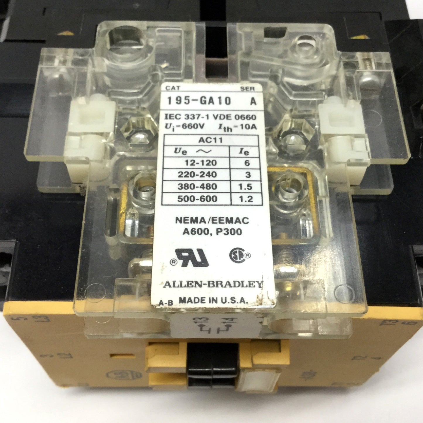 Used Allen Bradley 100-A38ND3 3-Pole Contactor 110/120VAC Coil, 600VAC 38A w/Aux N.O.