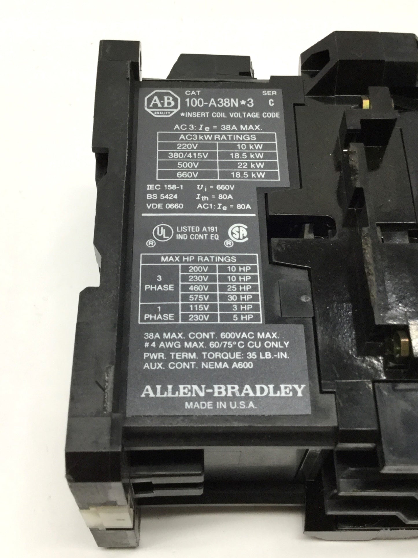 Used Allen Bradley 100-A38ND3 3-Pole Contactor 110/120VAC Coil, 600VAC 38A w/Aux N.O.