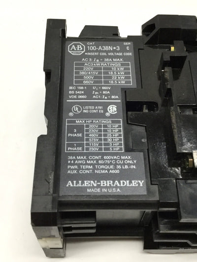 Used Allen Bradley 100-A38ND3 3-Pole Contactor 110/120VAC Coil, 600VAC 38A w/Aux N.O.