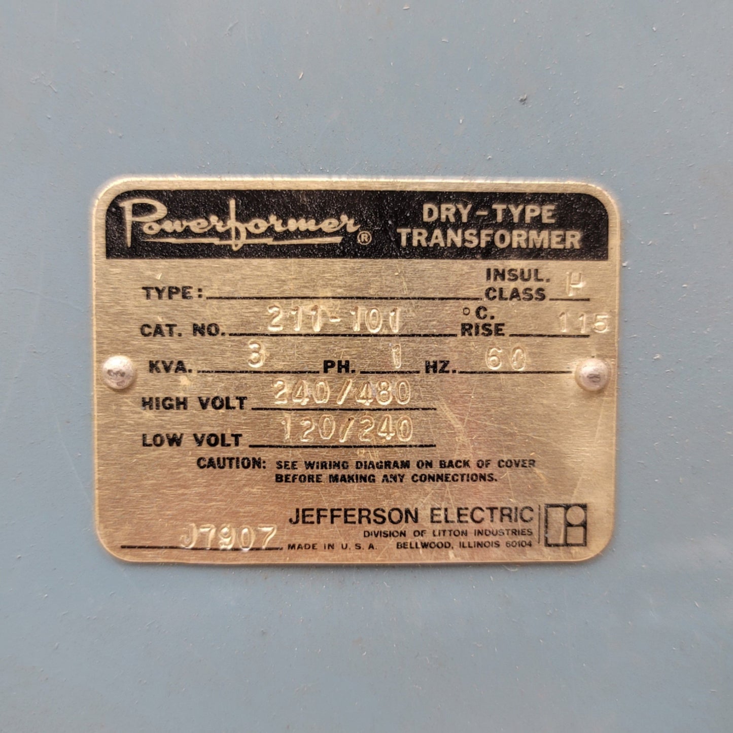 Used Jefferson Electric 211-101 Powerformer Dry Transformer Hi 240/480V, Lo 120/240V