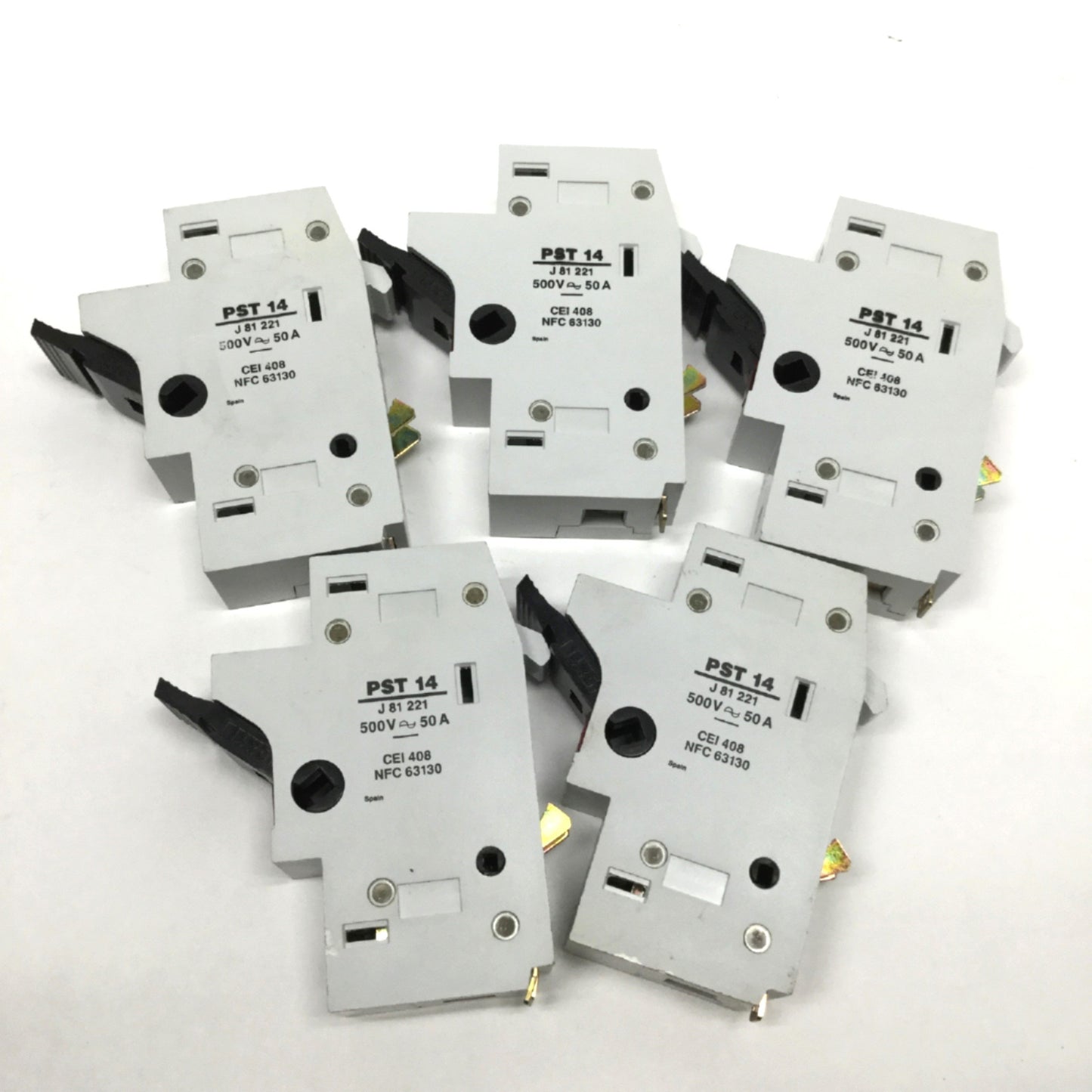 Used Lot of 5 Ferraz PST-14 DIN Rail Fuse Holders 500VAC 50A, 1-Pole, 14x51mm