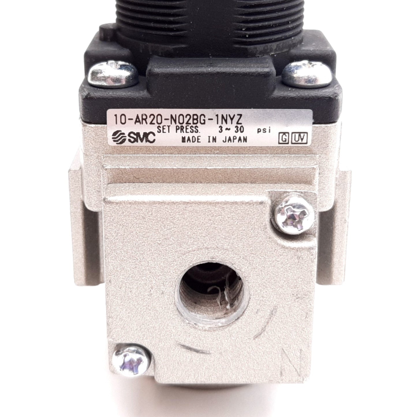 Used SMC 10-AR20-N02BG-1NYZ Air Regulator, Set: 3-30psi, Supply: 145psi, 1/4" NPT