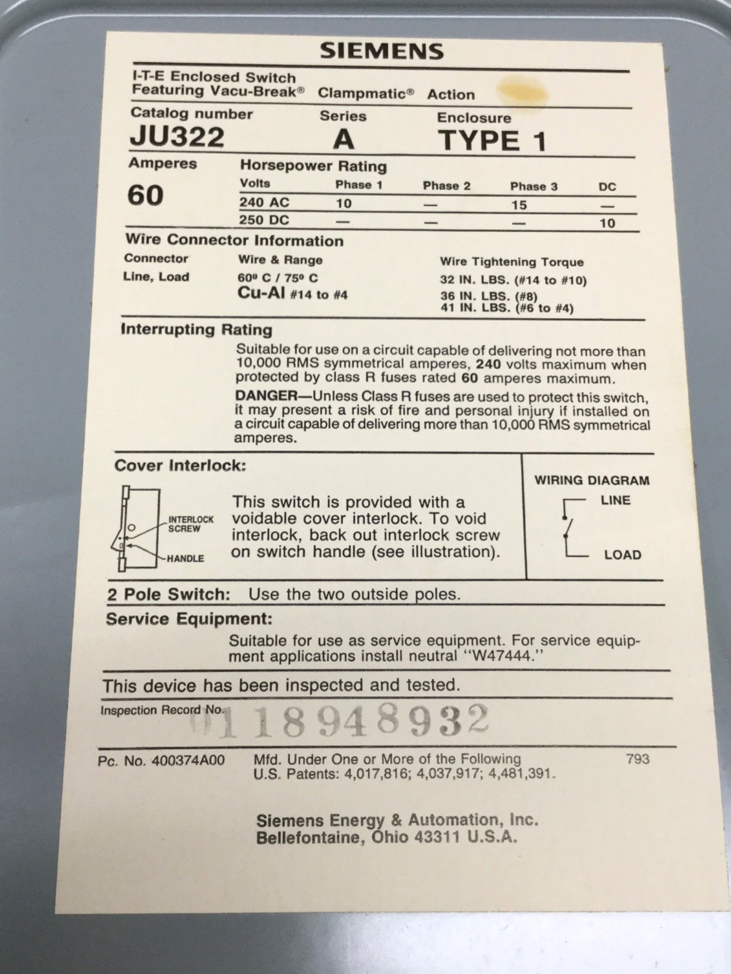 Used Siemens JU322 I-T-E General Duty Enclosed Disconnect Switch 240VAC 60A, 3-Pole