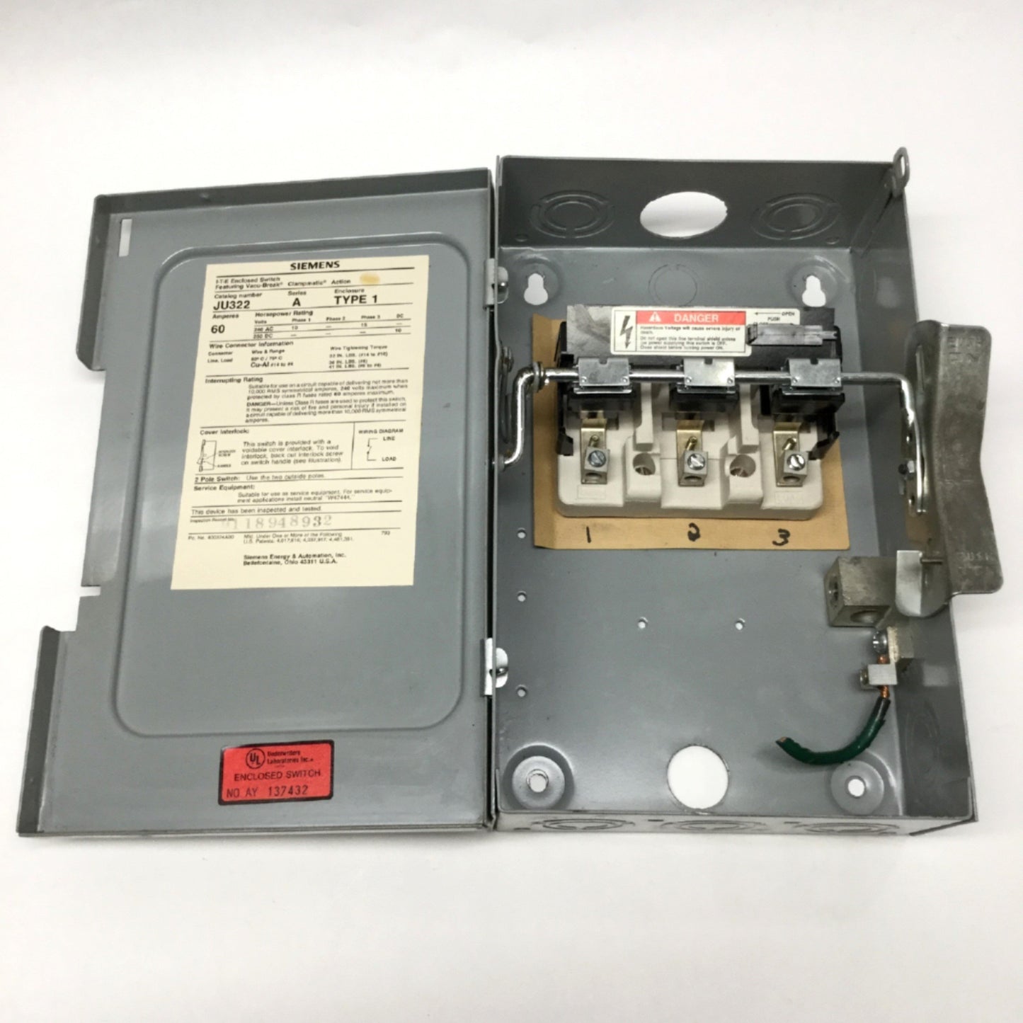 Used Siemens JU322 I-T-E General Duty Enclosed Disconnect Switch 240VAC 60A, 3-Pole