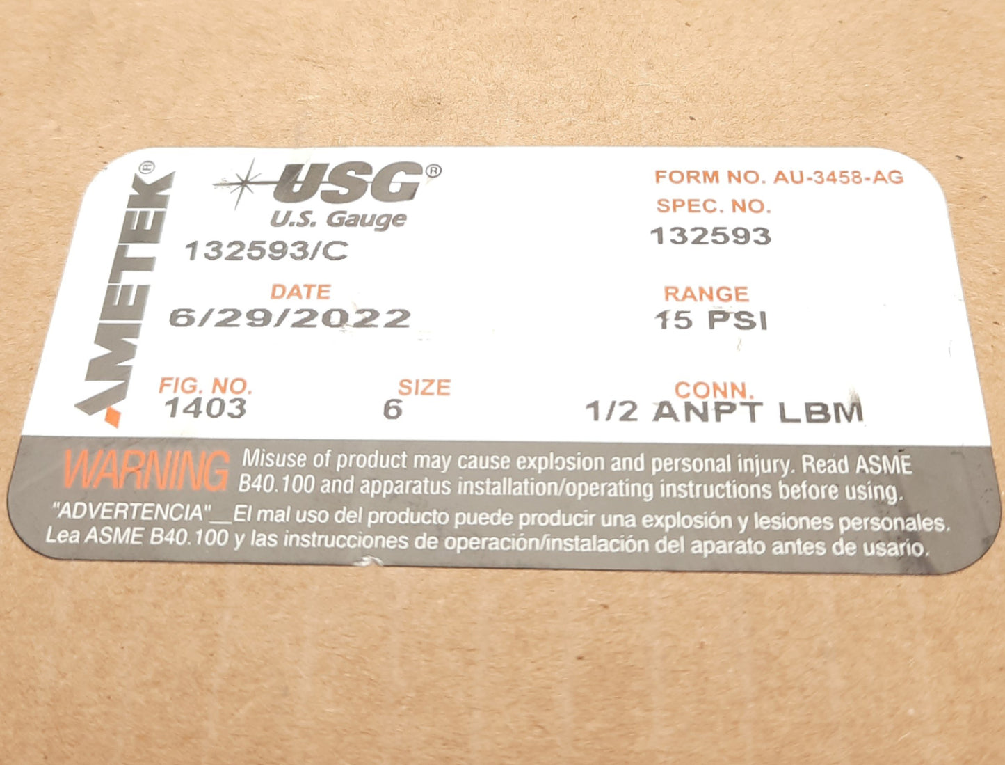 New – Open box Ametek 132593/C U.S. Gauge Test Gauge, 0-15 Psi, 6" Dial, 1/2" NPT