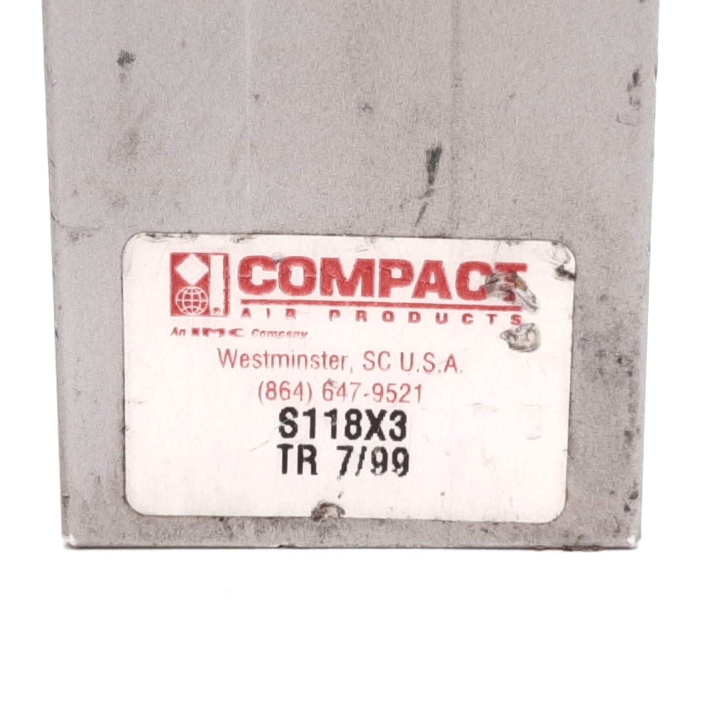 Used Compact S118X3 Pneumatic Cylinder, Bore: 1-1/8", Stroke: 3", 250psi, 1/8" NPT