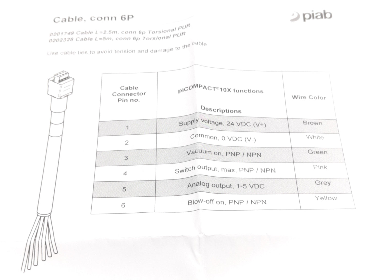 Used Piab 0201749 piCompact 10X Function Connection Cable, 6P, 2.5m Length, 24V DC