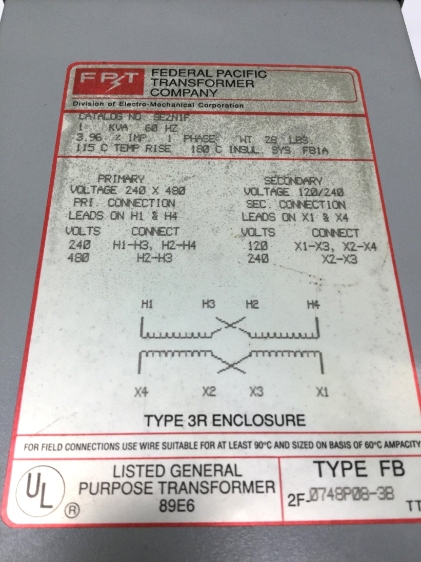 Used Federal Pacific SE2N1F Single-Phase Transformer 240x480V Pri, 120/240V Sec, 1KVA