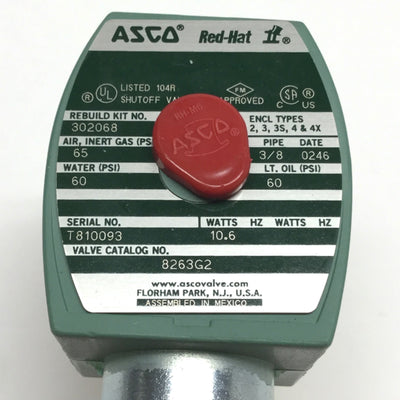 Used ASCO 8263G2 Red Hat II Solenoid 2-Way N.C. Brass Shutoff Valve 3/8" NPT, 24VDC