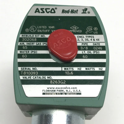 Used ASCO 8263G2 Red Hat II Solenoid 2-Way N.C. Brass Shutoff Valve 3/8" NPT, 24VDC