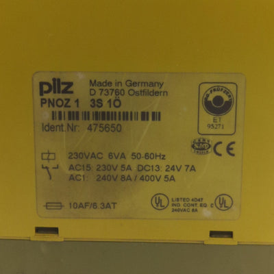 New Pilz PNOZ1 3S 1O 475650 Safety Relay Coil: 230VAC, 3x N/O 1x N/C Contacts