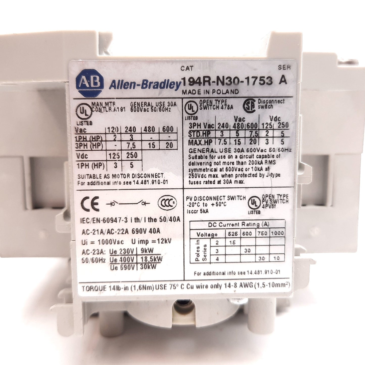Used Allen Bradley 194R-N30-1753 Rotary Disconnect Switch, 3-Pole, Rating: 30A 600VAC