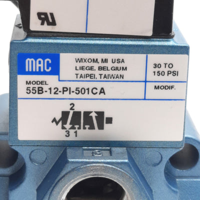 New – Open box MAC 55B-12-PI-501CA Solenoid Valve, 2-Pos 3-Way N.C., 150PSI, 24V DC Coil