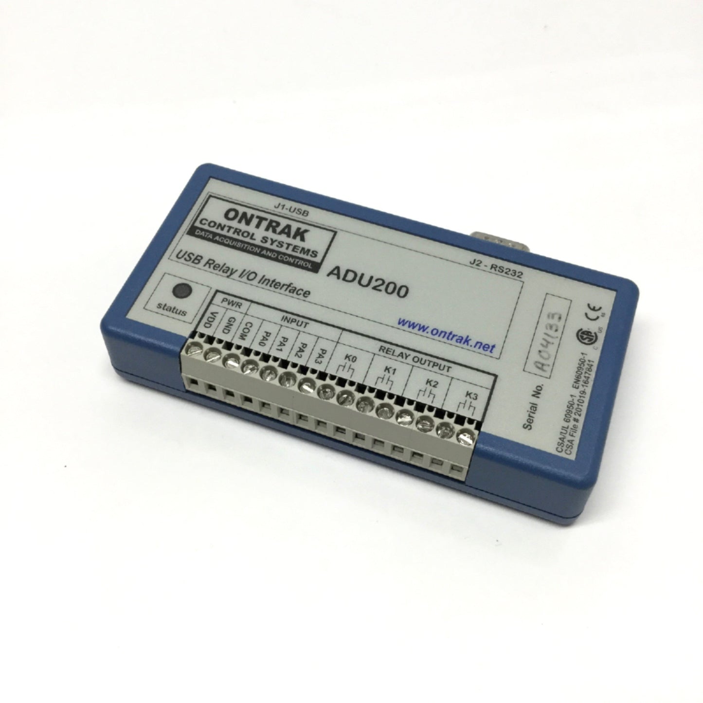 Used Ontrak ADU200 USB I/O Interface 5A 120VAC/30VDC, 4x NO Relay Outputs, RS232