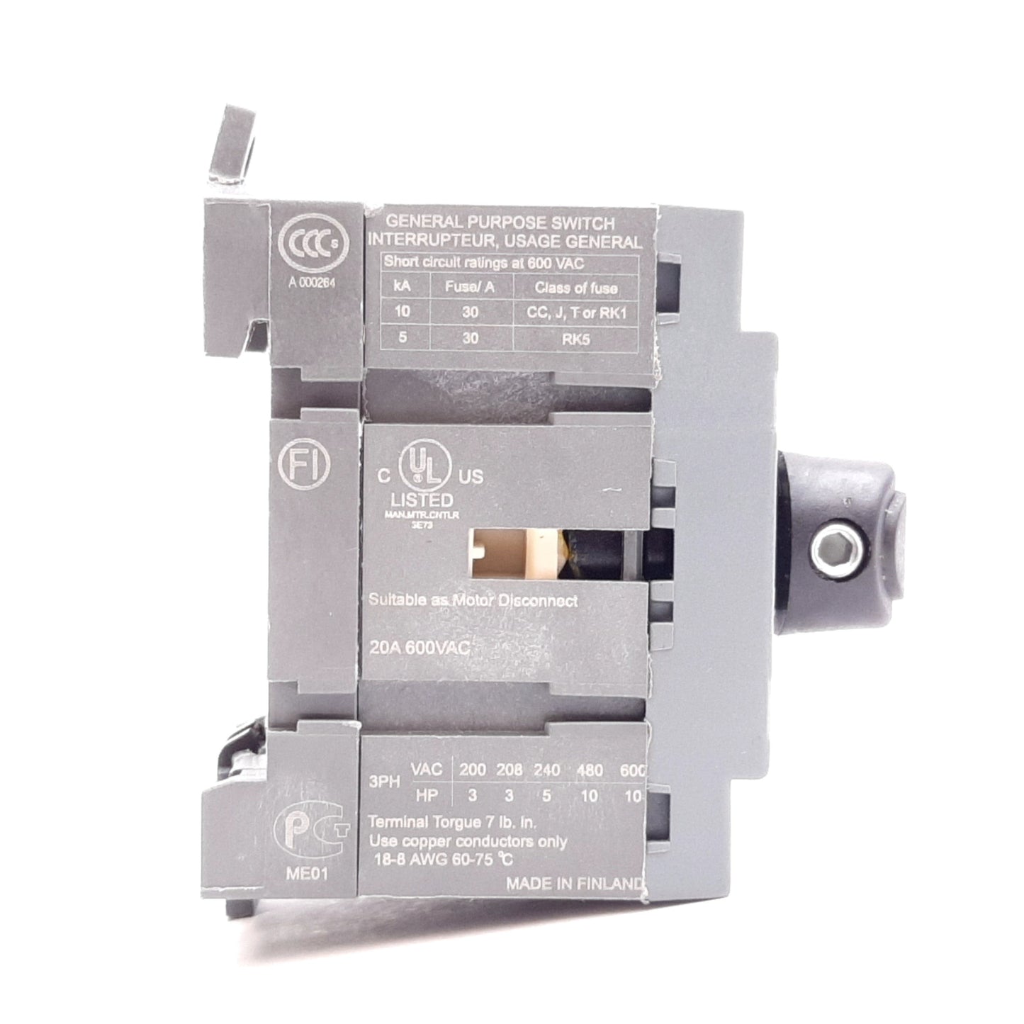 Used ABB OT16F3 Disconnect Switch, 3-Pole, Rating: 25A 600VAC, DIN Rail Mount