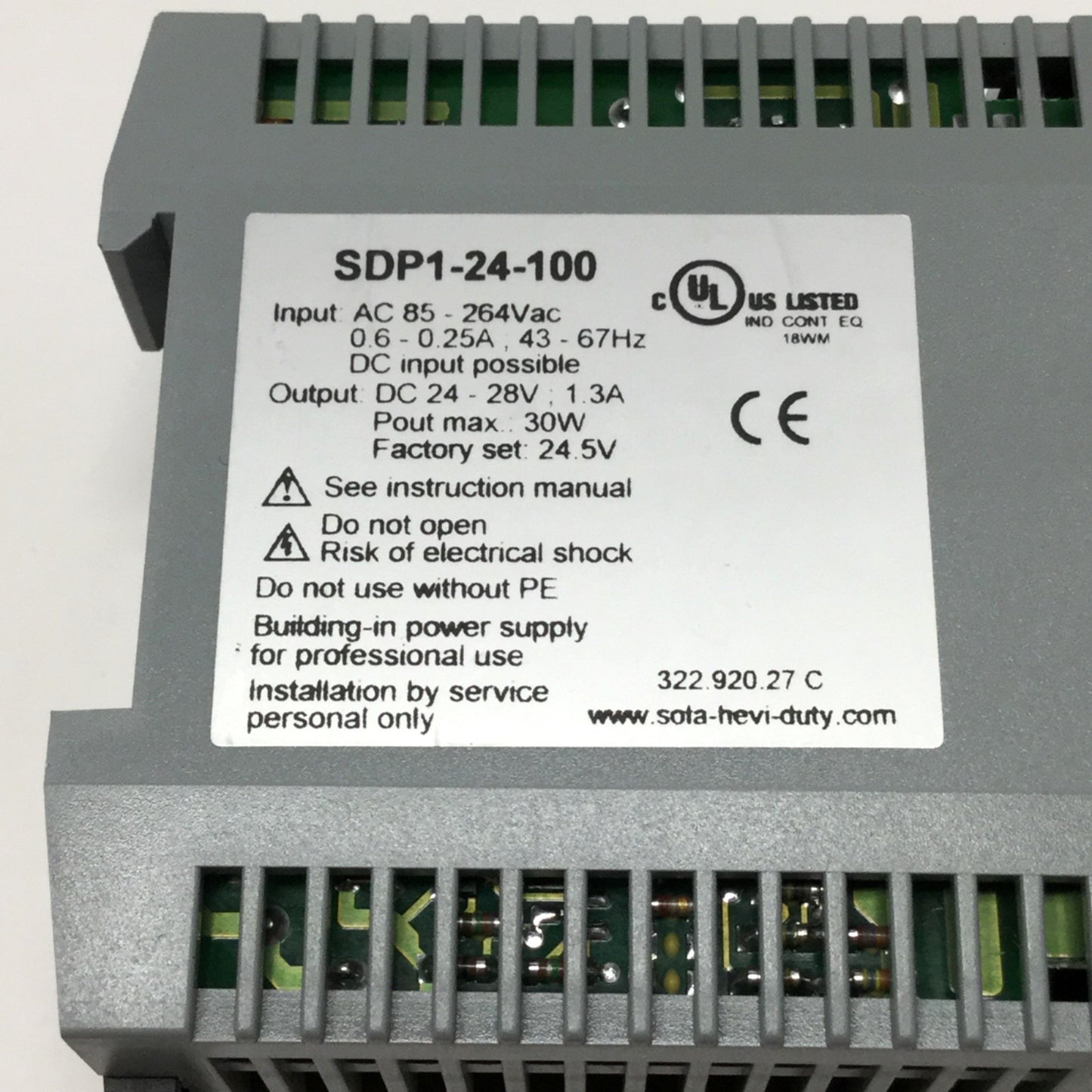 Used Sola SDP1-24-100 DIN Rail Power Supply 85-264VAC Input, 24VDC Output 1.3A 30W