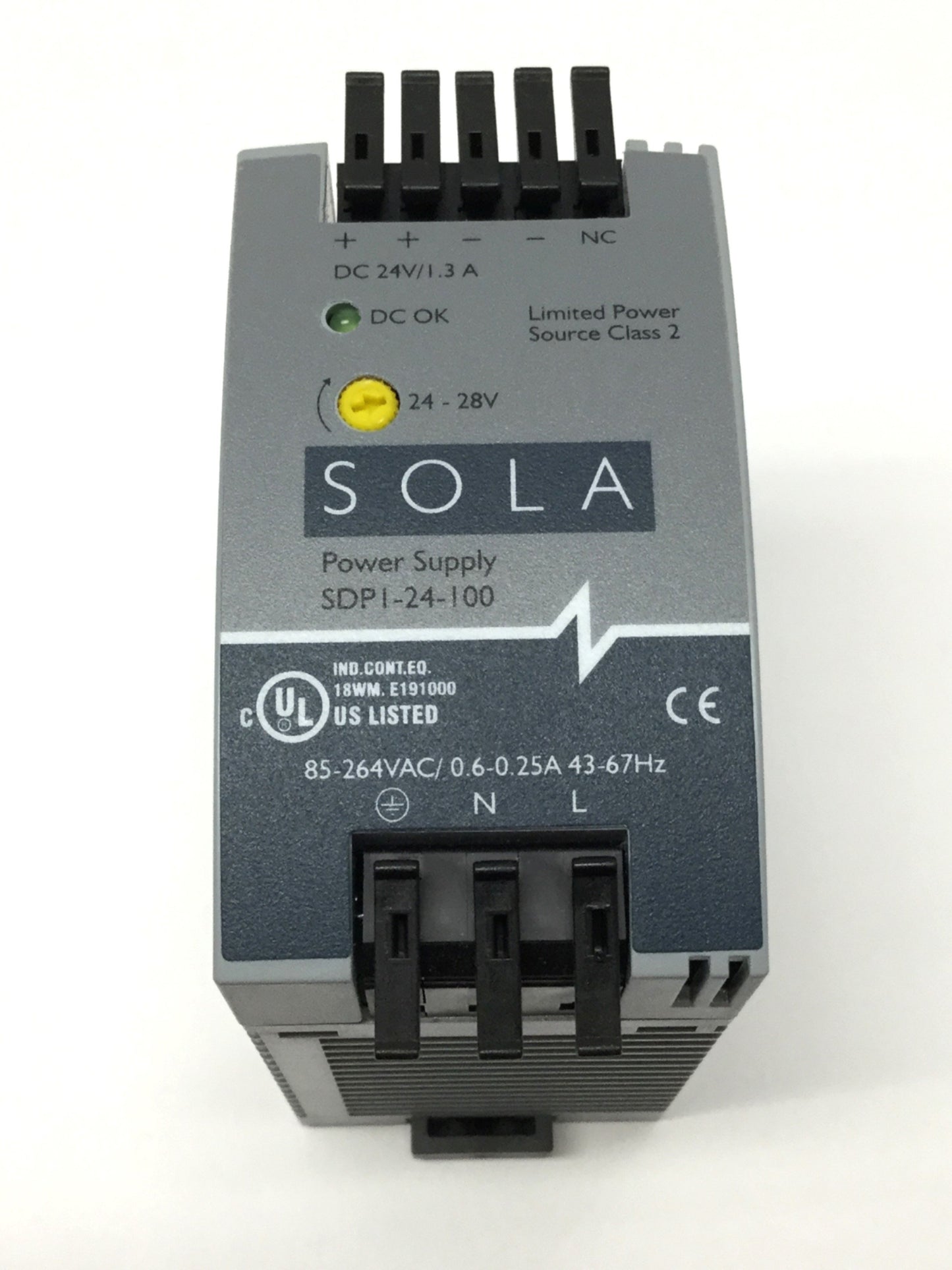 Used Sola SDP1-24-100 DIN Rail Power Supply 85-264VAC Input, 24VDC Output 1.3A 30W