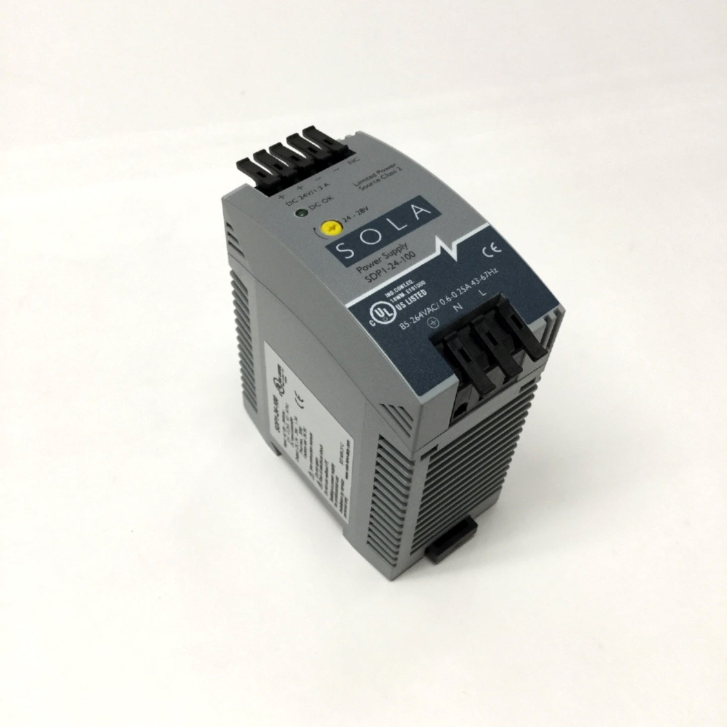 Used Sola SDP1-24-100 DIN Rail Power Supply 85-264VAC Input, 24VDC Output 1.3A 30W