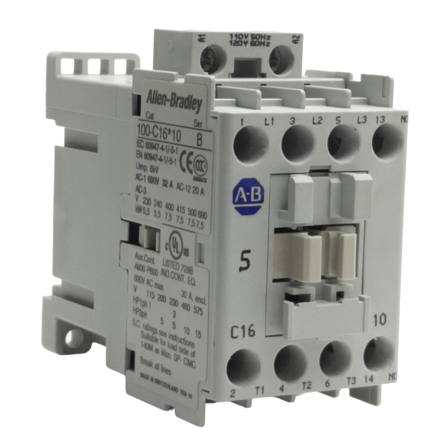 Used Allen Bradley 100-C16D10 Contactor 30A 600VAC, 3-Pole + 1 NO, 110/120VAC Coil