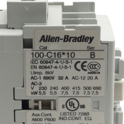Used Allen Bradley 100-C16D10 Contactor 30A 600VAC, 3-Pole + 1 NO, 110/120VAC Coil