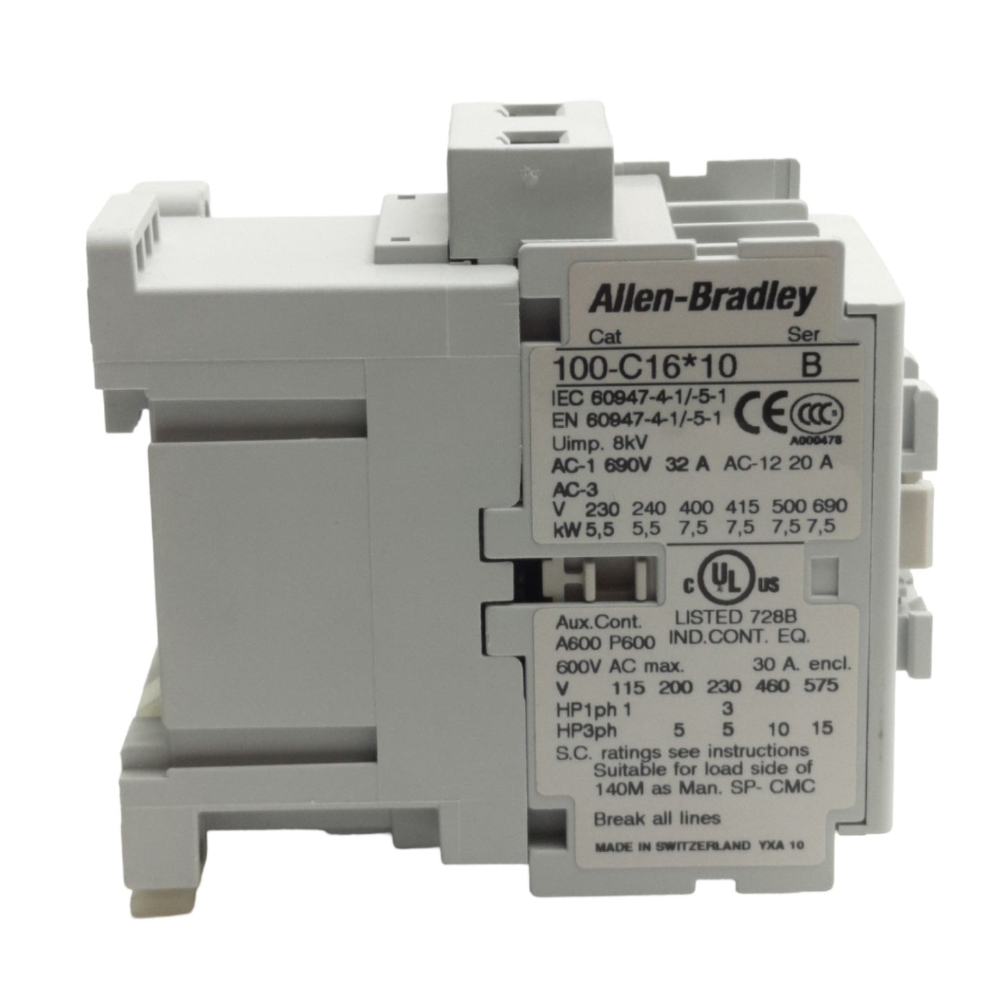 Used Allen Bradley 100-C16D10 Contactor 30A 600VAC, 3-Pole + 1 NO, 110/120VAC Coil