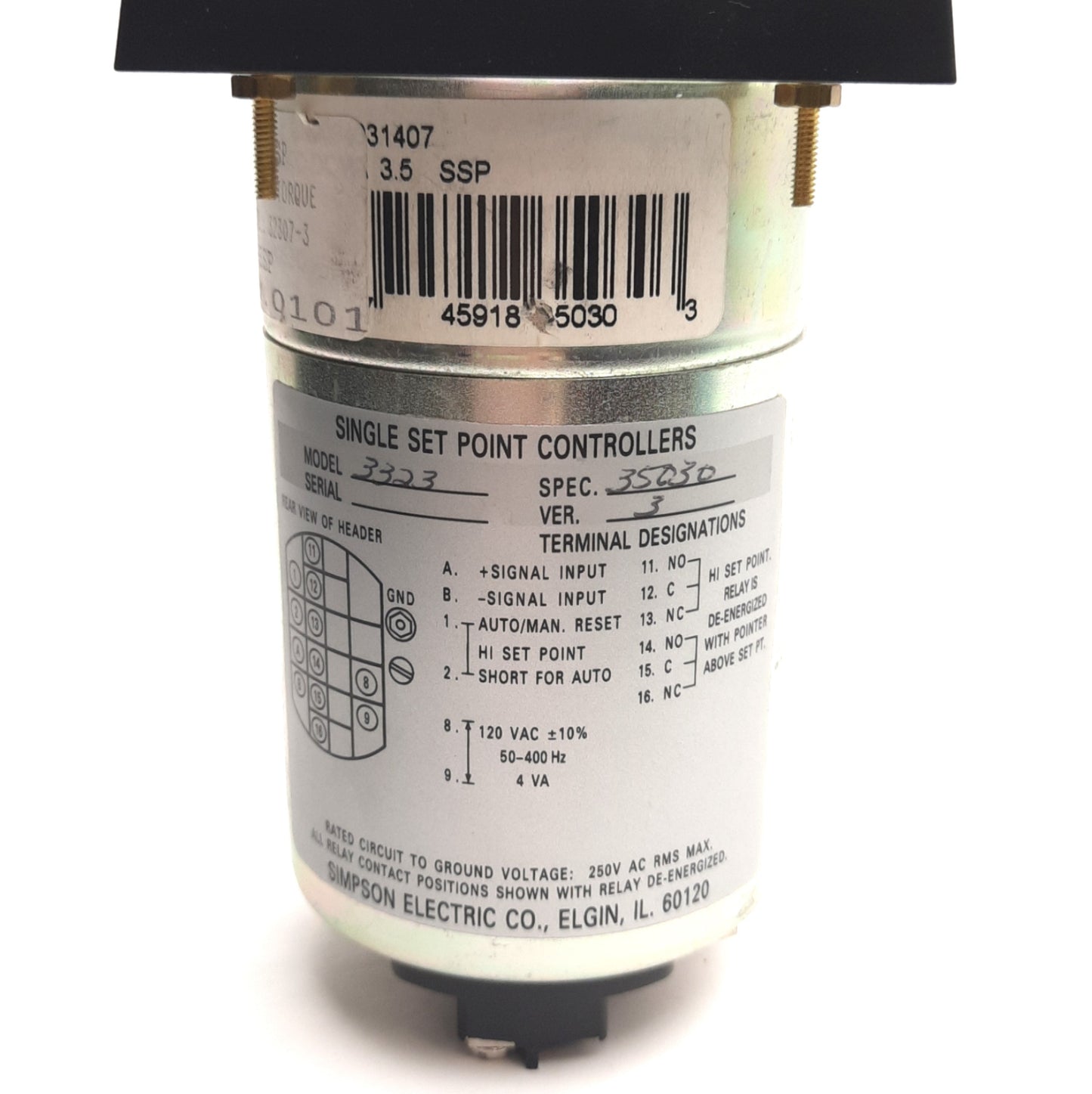 Used Simpson Electric 3323AIXA Rugged Seal Meter Relay 0-10VDC FS/0-150 Motor Torque