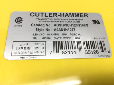 Used Cutler-Hammer AGSHWCH120N10XS AEGIS Transient Voltage Surge Suppressor 120V 10A