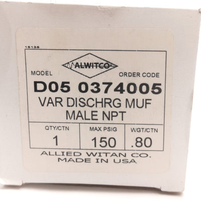 New – Open box Alwitco D05 0374005 Pneumatic Damper Muffler 1/2" NPT Male, 150Psig Max