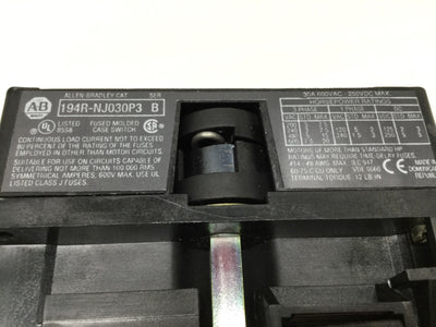 Used Allen Bradley 194R-NJ030P3 Fusible Disconnect Switch, 3-Pole, 30A 600VAC/250VDC