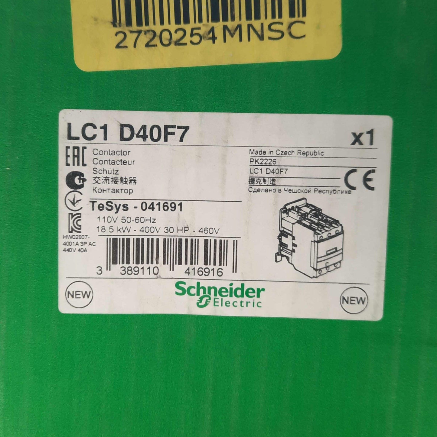 New Schneider Electric LC1D40F7 IEC Contactor, 3-Pole, 600VAC 40A, 110VAC Coil