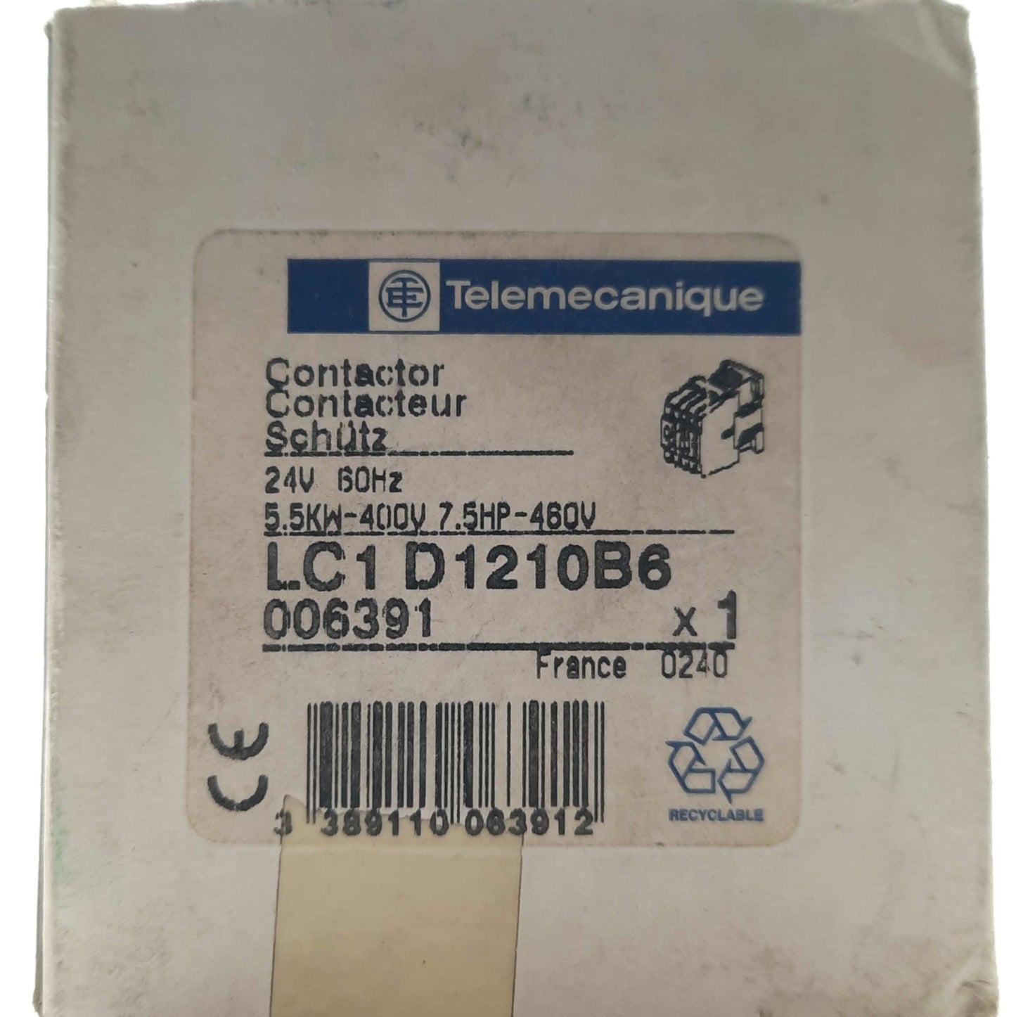 New Telemecanique LC1D1210B6 IEC Contactor, 3-Pole, 600VAC 25A, 24VAC Coil