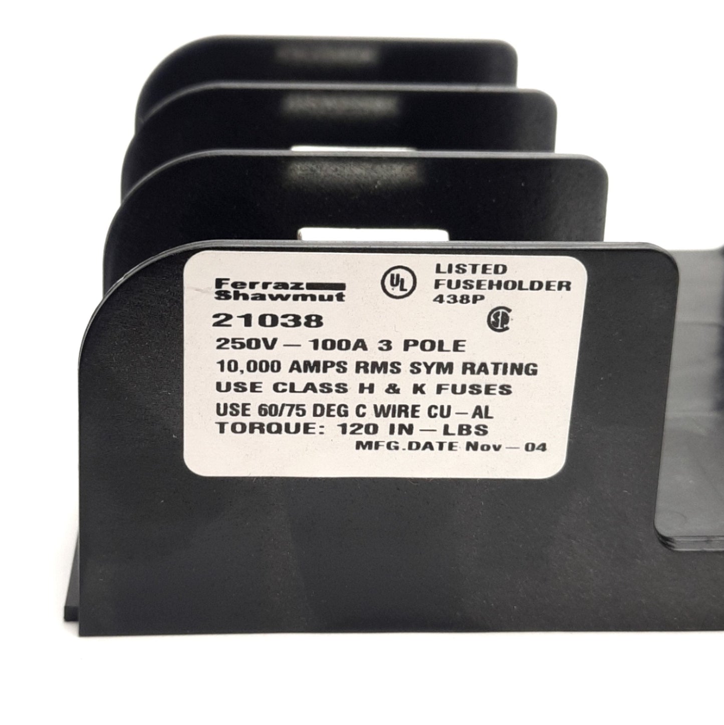 Used Ferraz Shawmut 21038 Mersen Fuse Block 250V 100A, 3-Pole, Class H & K Fuses