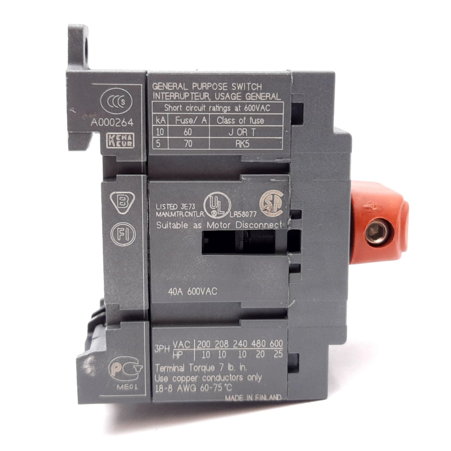 Used ABB OT32E3 Disconnect Switch, 3-Pole, Rating: 40A 600VAC, DIN Rail Mount