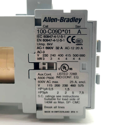 Used Allen Bradley 100-C09DJ01 IEC Contactor, 3-Pole NC Aux, 9A 600VAC 24VDC Coil