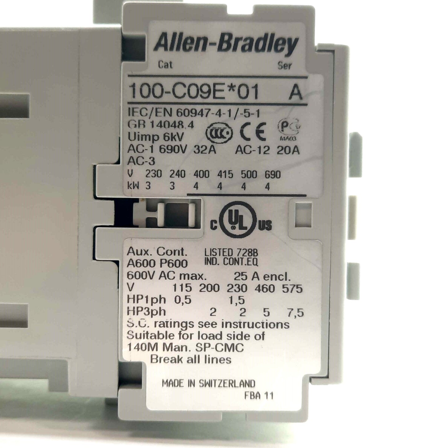 Used Allen Bradley 100-C09EJ01 IEC Contactor, 3-Pole NC Aux, 9A 600VAC, 24VDC Coil