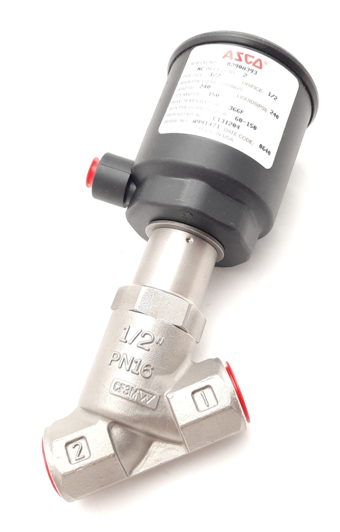 New – Open box Asco 8290A393 Angled Body Piston Valve 1/2" NPT 60-150PSI 2 Way 2 Position N.C