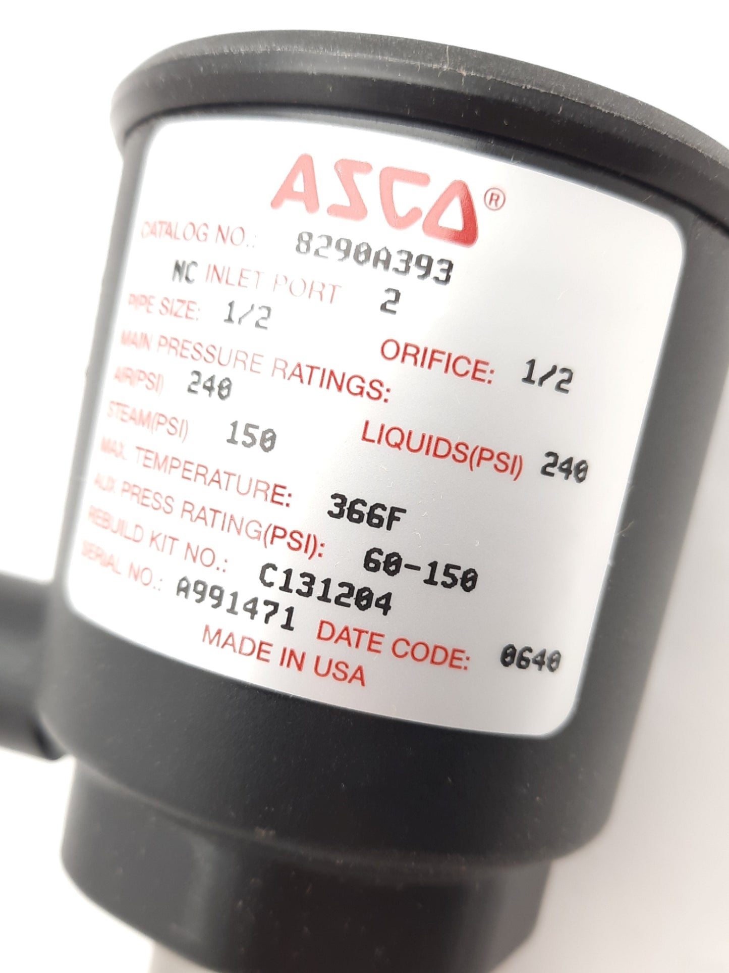 New – Open box Asco 8290A393 Angled Body Piston Valve 1/2" NPT 60-150PSI 2 Way 2 Position N.C