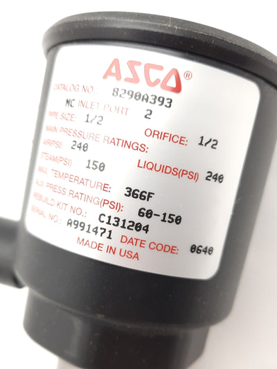 New – Open box Asco 8290A393 Angled Body Piston Valve 1/2" NPT 60-150PSI 2 Way 2 Position N.C