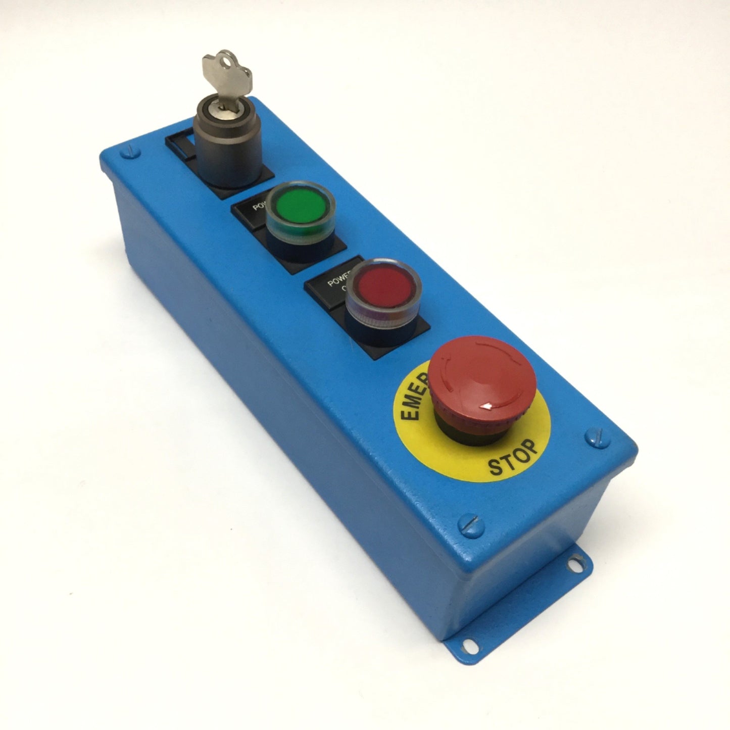 Used Hoffman E4PBG Pushbutton Enclosure w/Allen Bradley Switches, E-Stop *Blue Paint*