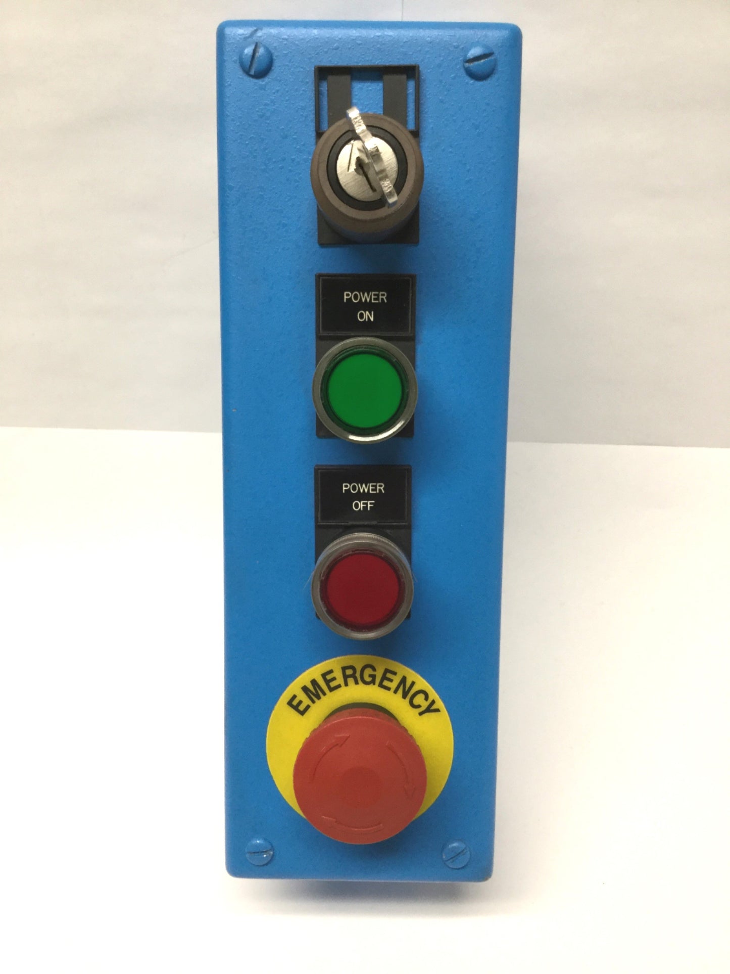 Used Hoffman E4PBG Pushbutton Enclosure w/Allen Bradley Switches, E-Stop *Blue Paint*