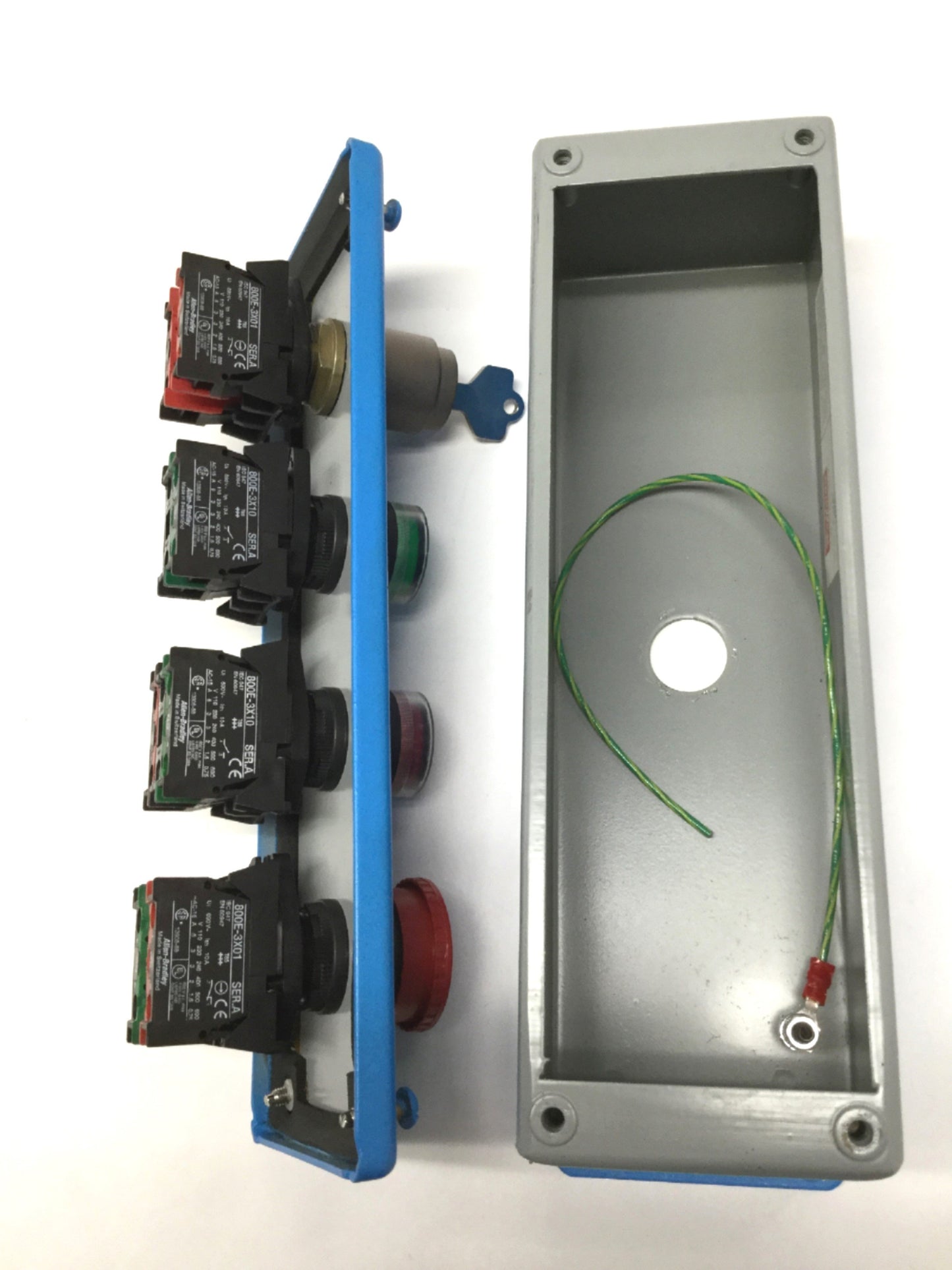 Used Hoffman E4PBG Pushbutton Enclosure w/Allen Bradley Switches, E-Stop *Blue Paint*