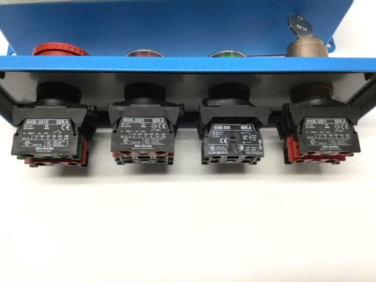 Used Hoffman E4PBG Pushbutton Enclosure w/Allen Bradley Switches, E-Stop *Blue Paint*