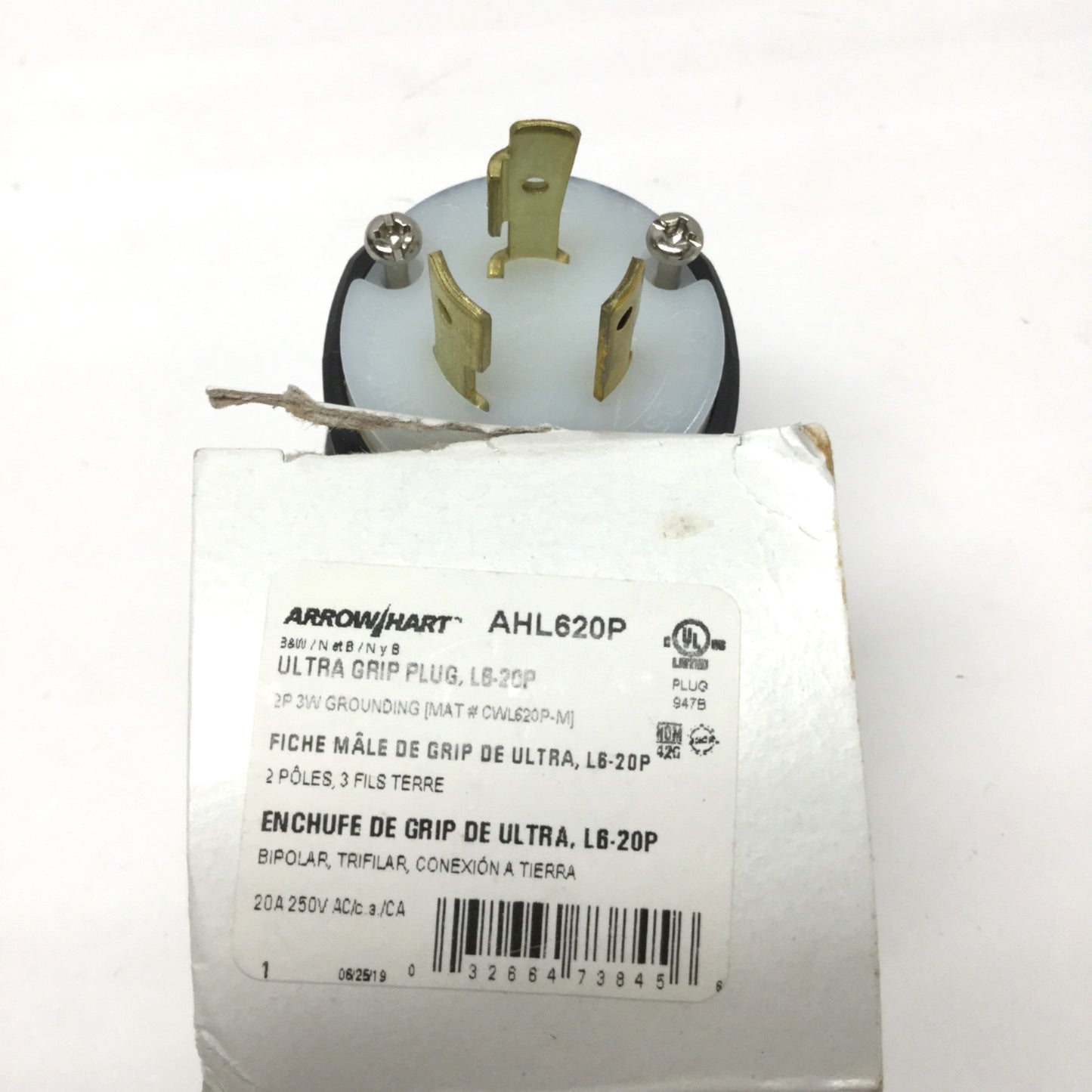 New Eaton Arrow Hart AHL620P Ultra Grip Plug, 2-Pole 3-Wire, 20A 250VAC, L6-20P